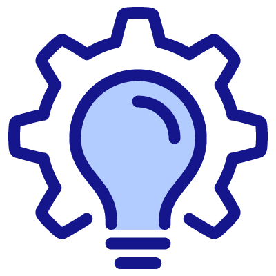 A blue and white icon of a light bulb