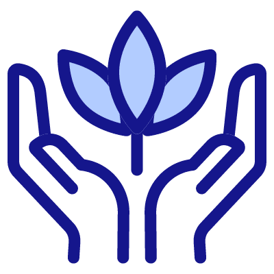 A blue and green logo with hands holding up the leaves.